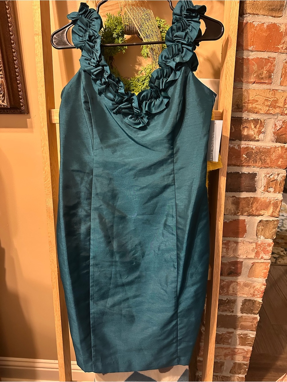 London Times Teal Ruffle-Trim Midi Dress